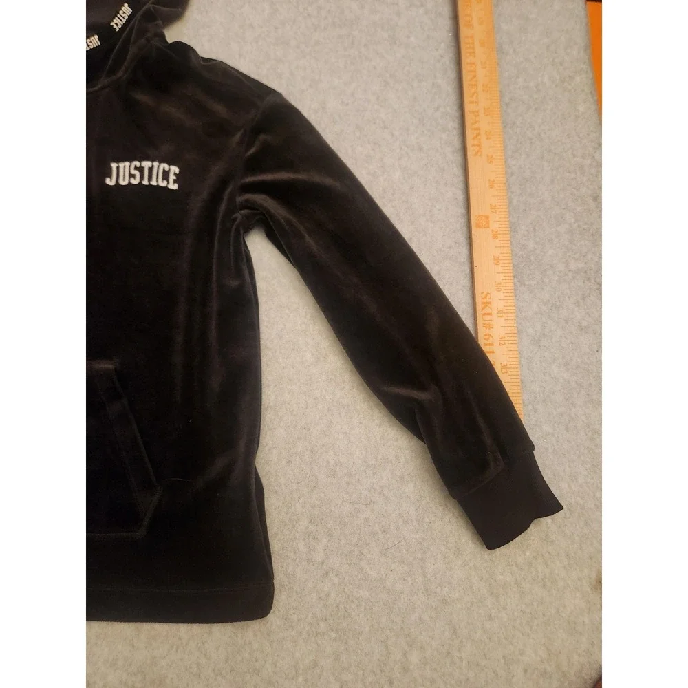 Justice Hoodie Girls Size 10 Black Velour Pullover Kangaroo Pocket Logo‎ Youth